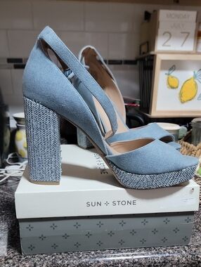 Sun + Stone Light Blue Platform Block Heel Sandals Size 11